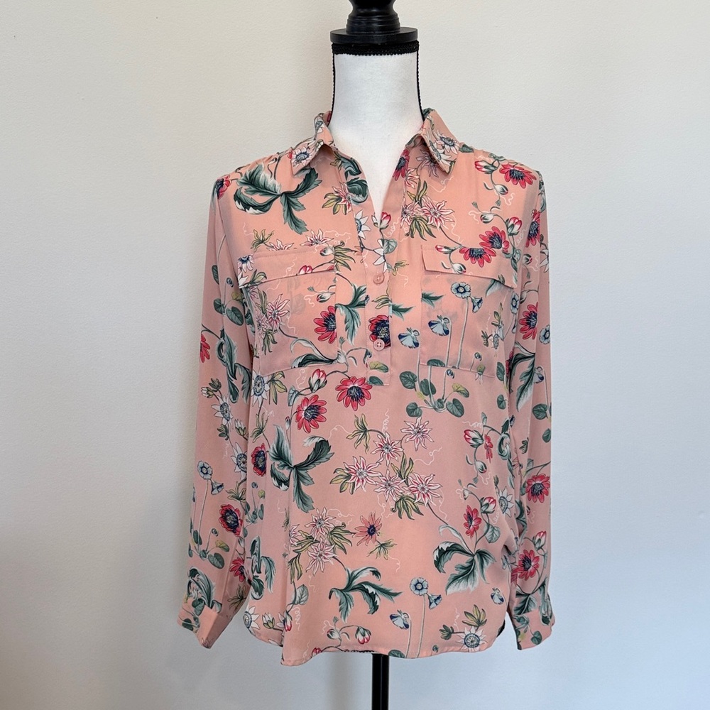 Ann Taylor Petite Floral Pink Long Sleeve Popover Blouse Size SP